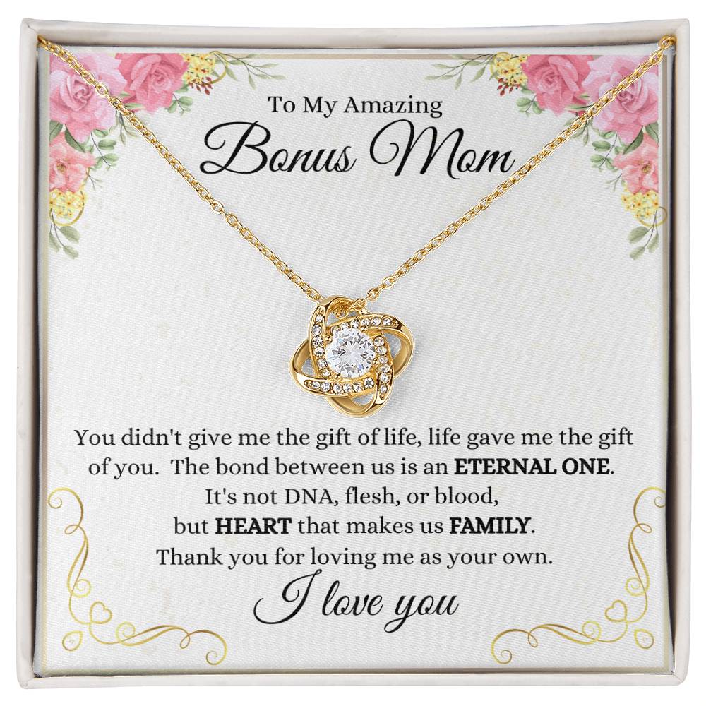 My Amazing Bonus Mom- Heart Makes Us Family Knot Necklace