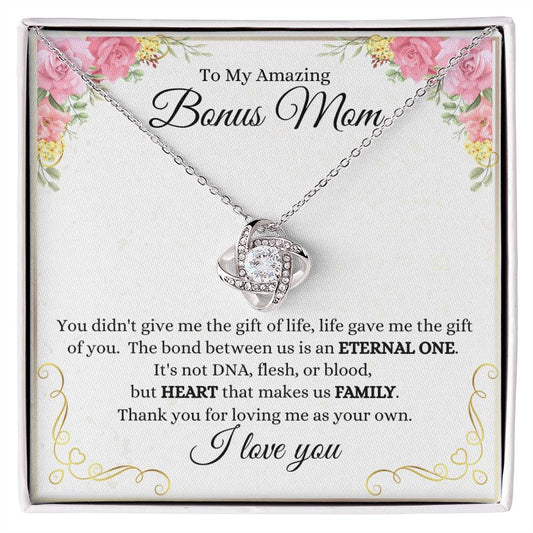 My Amazing Bonus Mom- Heart Makes Us Family Knot Necklace